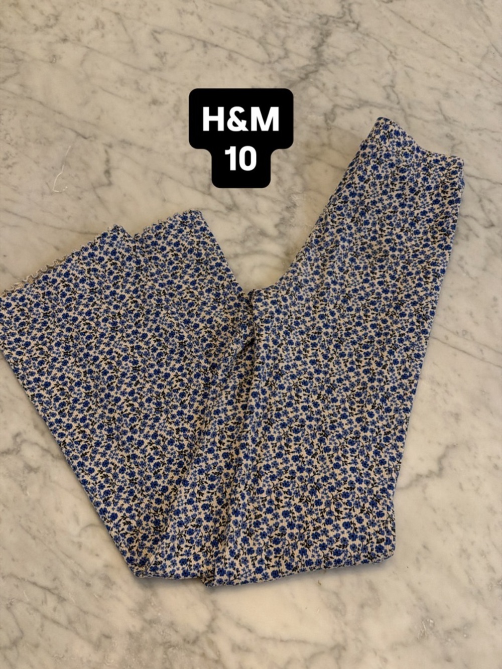 H&M Blue Floral ribbed Wide-Leg Pants